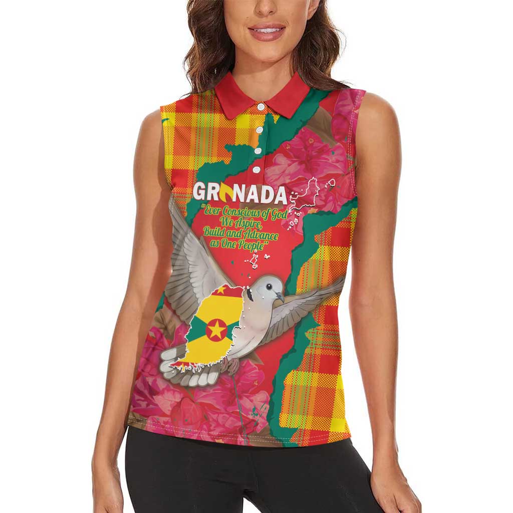 Grenada Independence Day Personalized Women Sleeveless Polo Shirt Tropical Dove Bougainvillea Madras Pattern