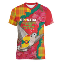 Grenada Independence Day Personalized Women V-Neck T-Shirt Tropical Dove Bougainvillea Madras Pattern