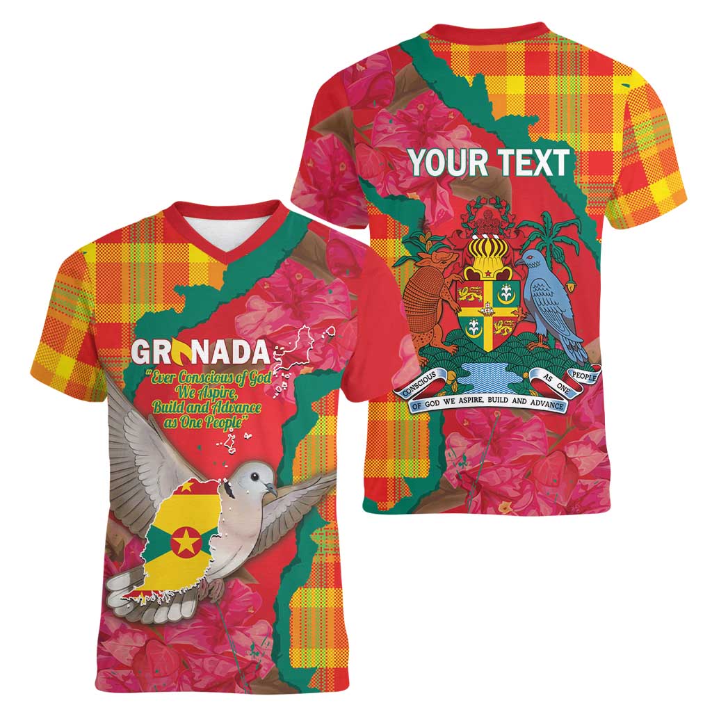 Grenada Independence Day Personalized Women V-Neck T-Shirt Tropical Dove Bougainvillea Madras Pattern