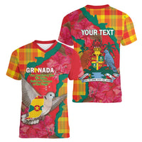 Grenada Independence Day Personalized Women V-Neck T-Shirt Tropical Dove Bougainvillea Madras Pattern