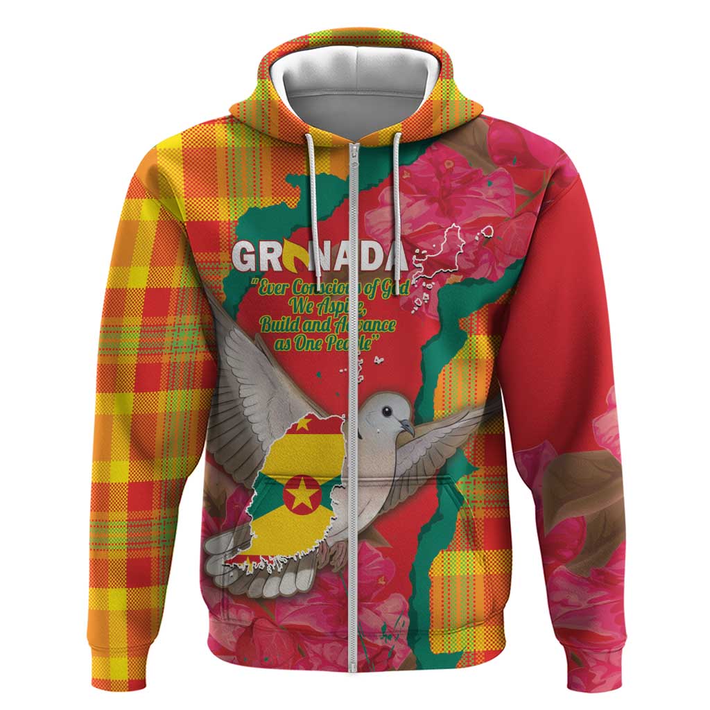 Grenada Independence Day Personalized Zip Hoodie Tropical Dove Bougainvillea Madras Pattern