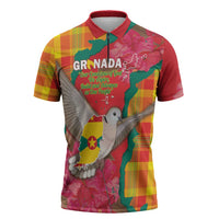 Grenada Independence Day Personalized Zipper Polo Shirt Tropical Dove Bougainvillea Madras Pattern