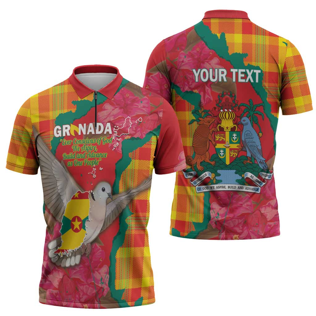 Grenada Independence Day Personalized Zipper Polo Shirt Tropical Dove Bougainvillea Madras Pattern