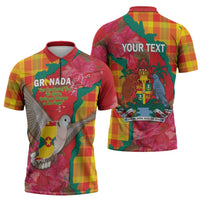 Grenada Independence Day Personalized Zipper Polo Shirt Tropical Dove Bougainvillea Madras Pattern