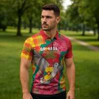 Grenada Independence Day Personalized Zipper Polo Shirt Tropical Dove Bougainvillea Madras Pattern