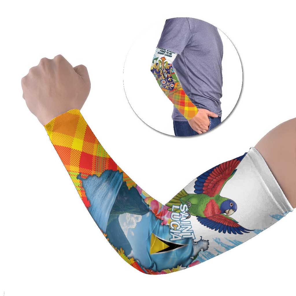Saint Lucia Independence Day Arm Sleeves Saint Lucian Map Pitons Madras Pattern