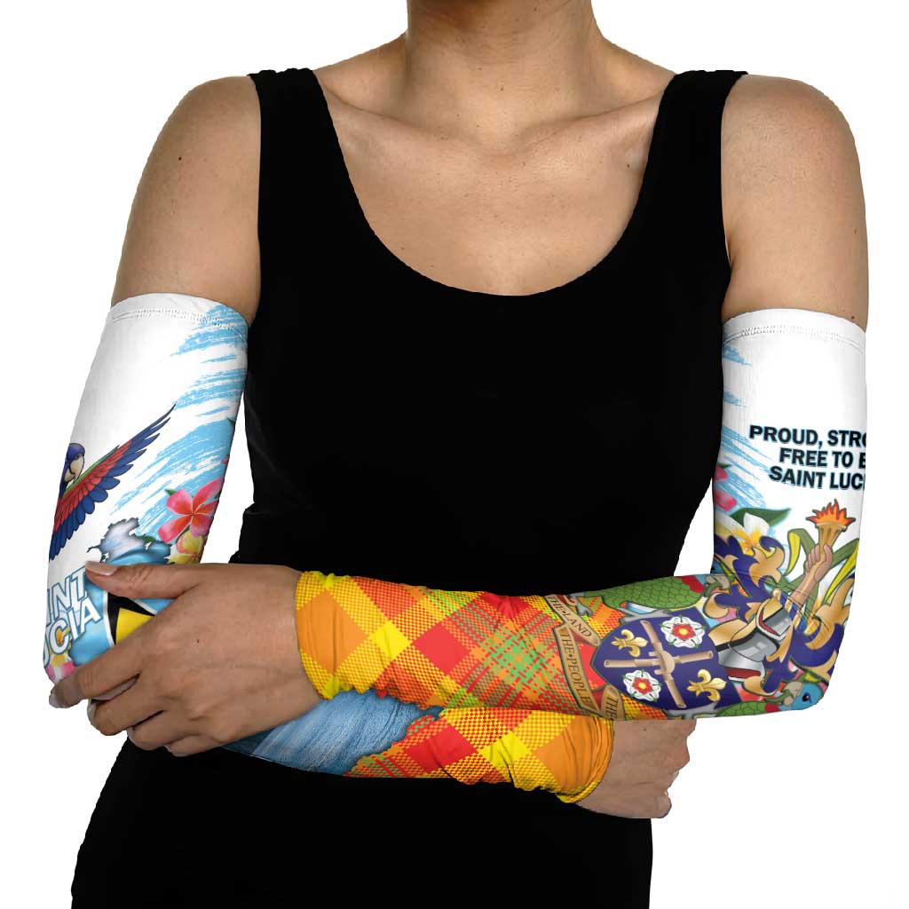 Saint Lucia Independence Day Arm Sleeves Saint Lucian Map Pitons Madras Pattern