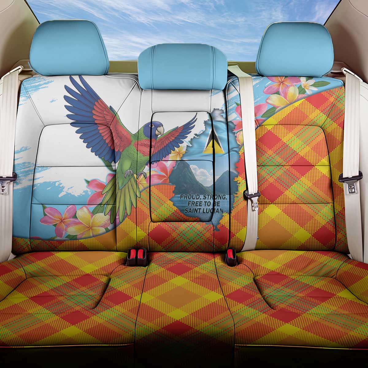 Saint Lucia Independence Day Back Car Seat Cover Saint Lucian Map Pitons Madras Pattern