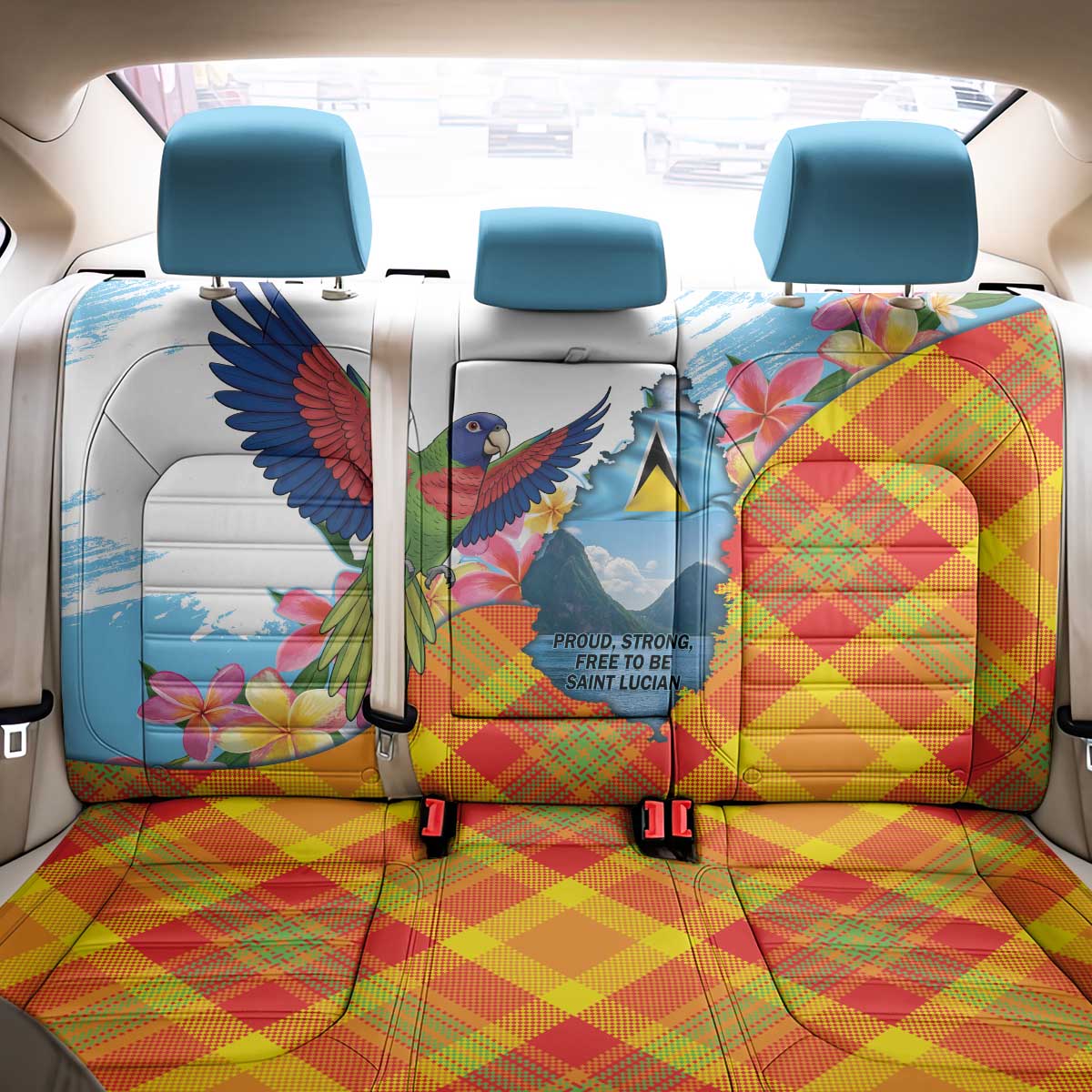 Saint Lucia Independence Day Back Car Seat Cover Saint Lucian Map Pitons Madras Pattern
