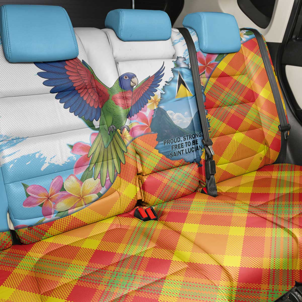Saint Lucia Independence Day Back Car Seat Cover Saint Lucian Map Pitons Madras Pattern