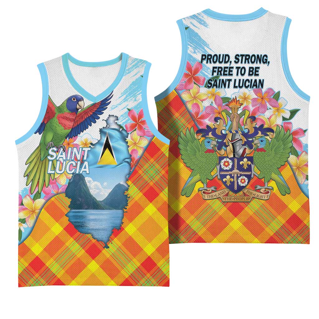 Saint Lucia Independence Day Basketball Jersey Saint Lucian Map Pitons Madras Pattern