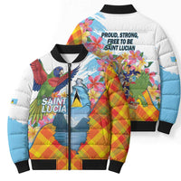 Saint Lucia Independence Day Bomber Puffer Jacket Saint Lucian Map Pitons Madras Pattern
