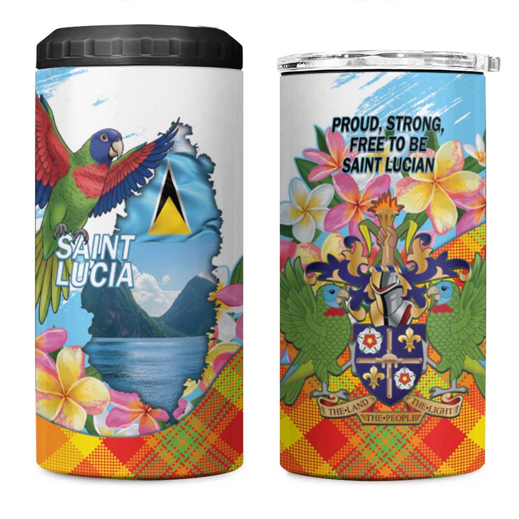 Saint Lucia Independence Day 4 in 1 Can Cooler Tumbler Saint Lucian Map Pitons Madras Pattern