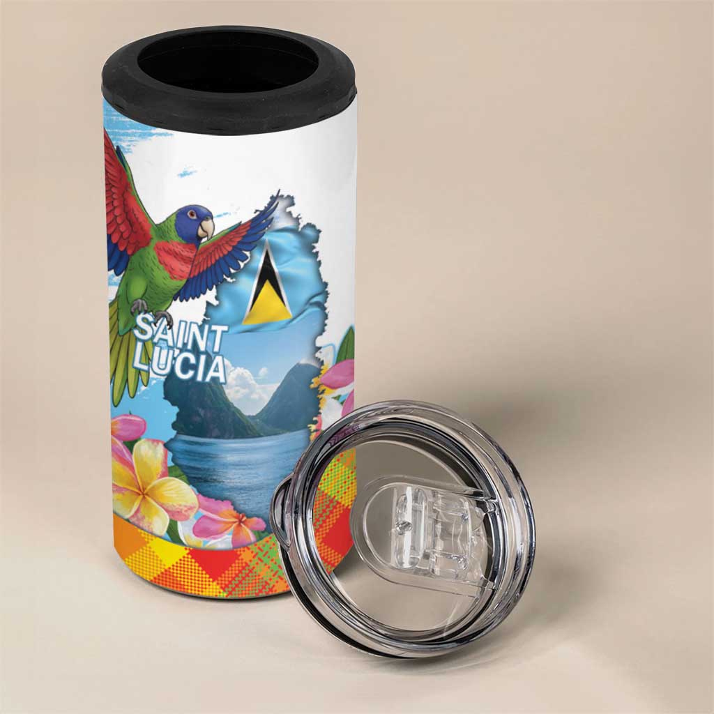 Saint Lucia Independence Day 4 in 1 Can Cooler Tumbler Saint Lucian Map Pitons Madras Pattern