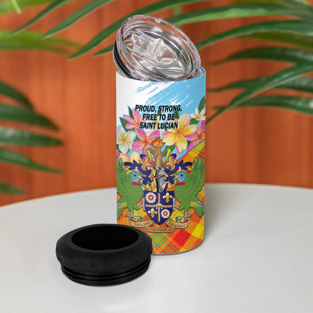 Saint Lucia Independence Day 4 in 1 Can Cooler Tumbler Saint Lucian Map Pitons Madras Pattern
