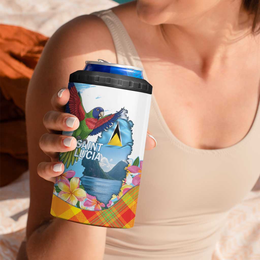Saint Lucia Independence Day 4 in 1 Can Cooler Tumbler Saint Lucian Map Pitons Madras Pattern