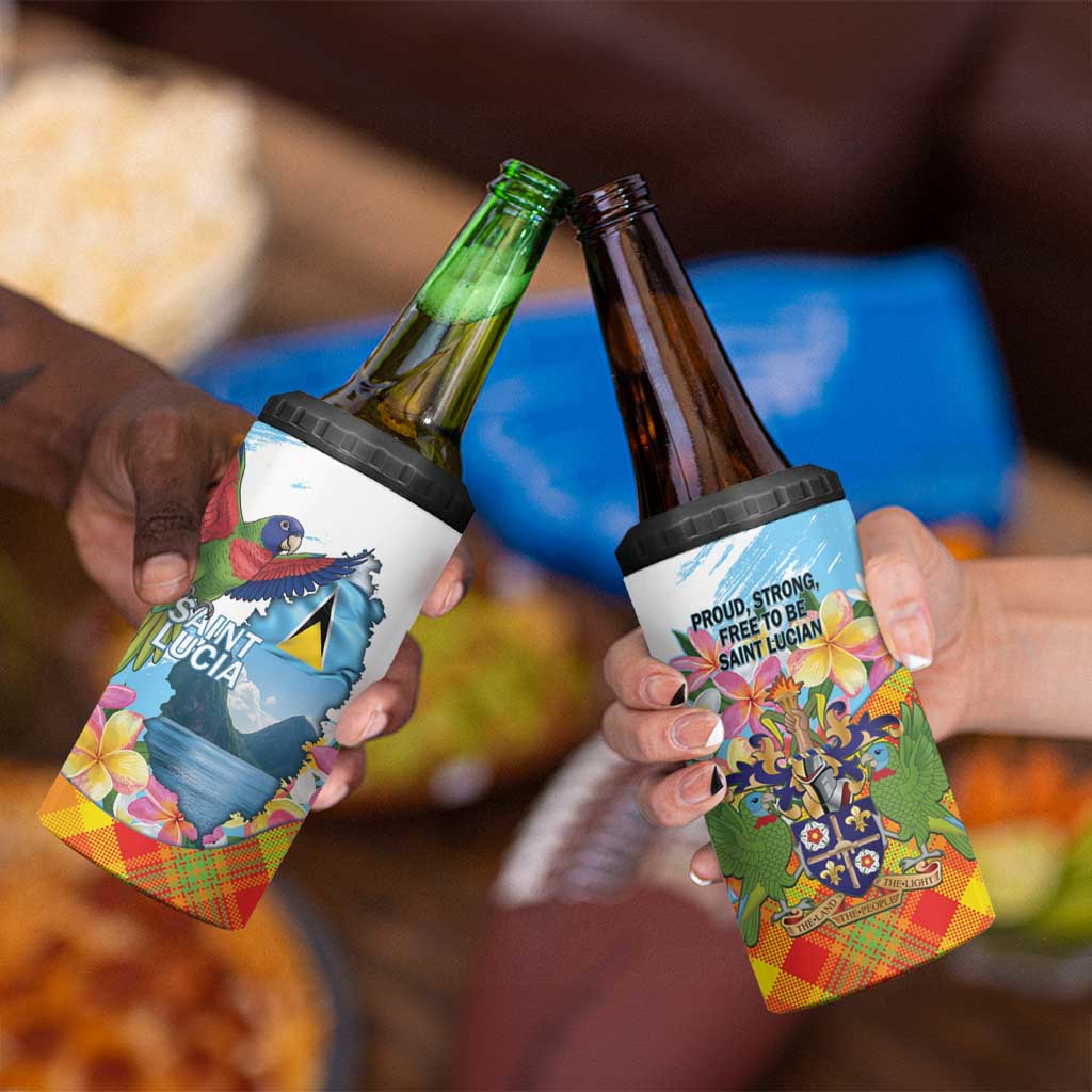 Saint Lucia Independence Day 4 in 1 Can Cooler Tumbler Saint Lucian Map Pitons Madras Pattern