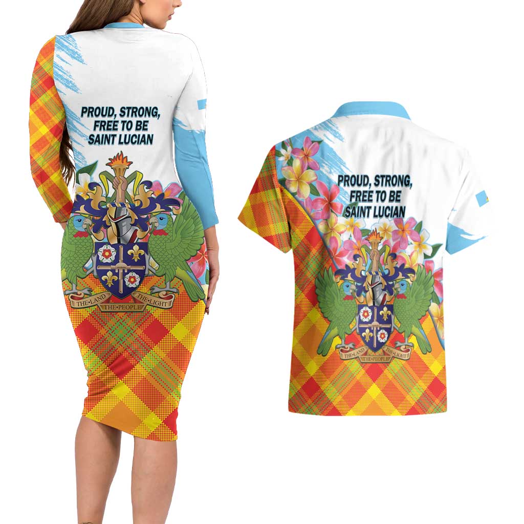 Saint Lucia Independence Day Couples Matching Long Sleeve Bodycon Dress and Hawaiian Shirt Saint Lucian Map Pitons Madras Pattern