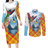 Saint Lucia Independence Day Couples Matching Long Sleeve Bodycon Dress and Long Sleeve Button Shirt Saint Lucian Map Pitons Madras Pattern