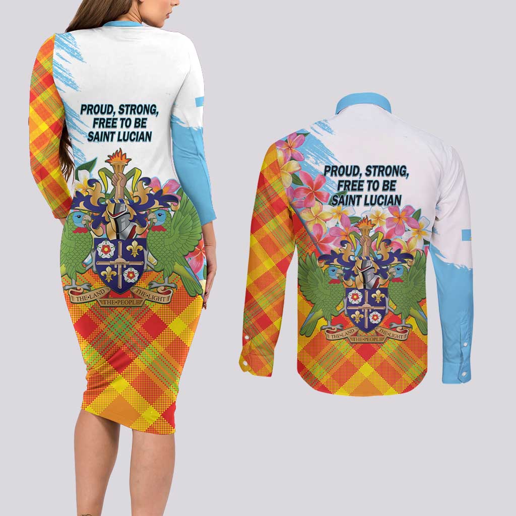 Saint Lucia Independence Day Couples Matching Long Sleeve Bodycon Dress and Long Sleeve Button Shirt Saint Lucian Map Pitons Madras Pattern