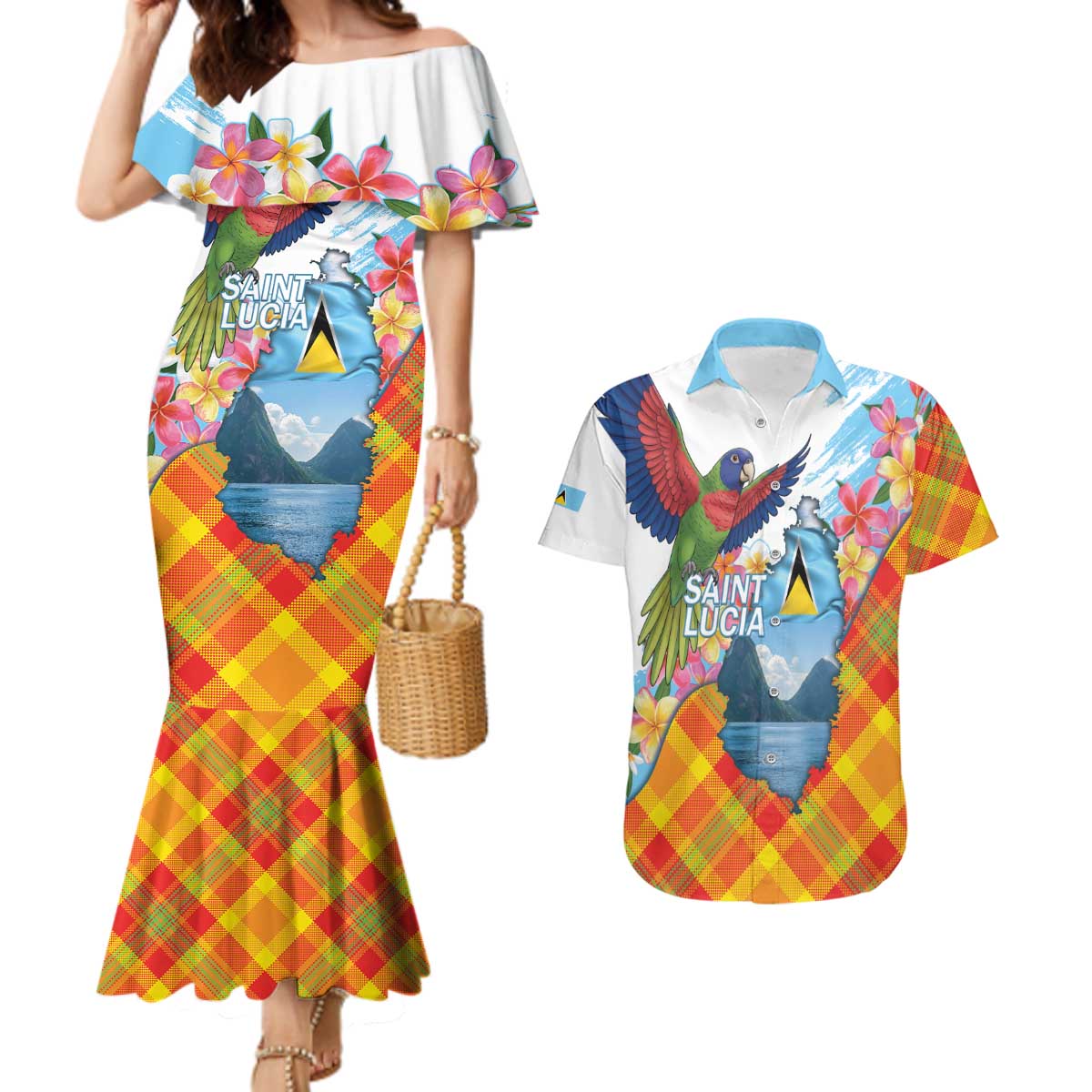 Saint Lucia Independence Day Couples Matching Mermaid Dress and Hawaiian Shirt Saint Lucian Map Pitons Madras Pattern