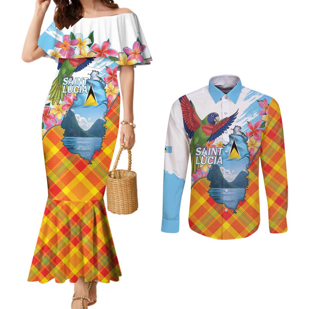 Saint Lucia Independence Day Couples Matching Mermaid Dress and Long Sleeve Button Shirt Saint Lucian Map Pitons Madras Pattern