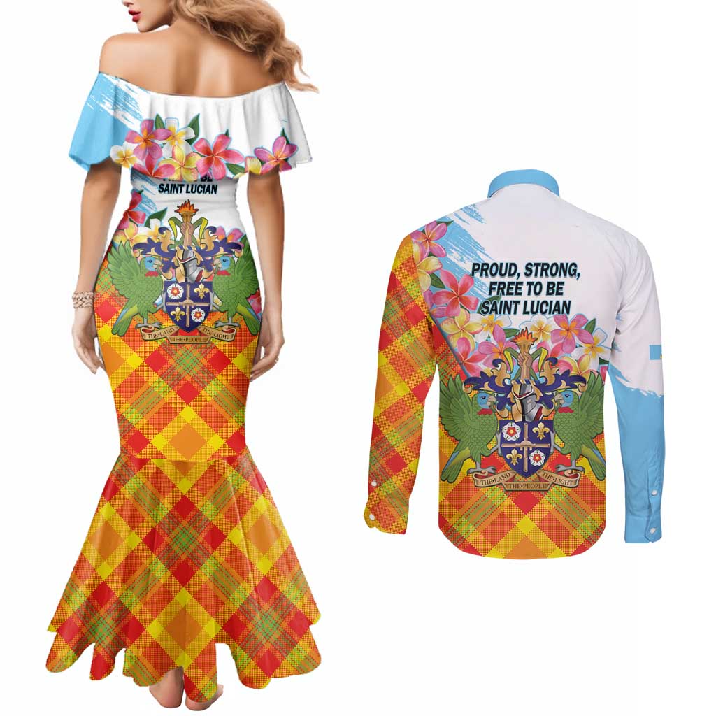 Saint Lucia Independence Day Couples Matching Mermaid Dress and Long Sleeve Button Shirt Saint Lucian Map Pitons Madras Pattern