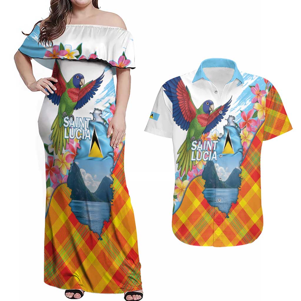 Saint Lucia Independence Day Couples Matching Off Shoulder Maxi Dress and Hawaiian Shirt Saint Lucian Map Pitons Madras Pattern