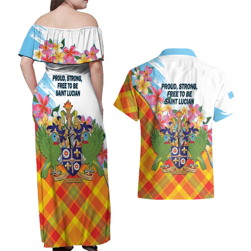 Saint Lucia Independence Day Couples Matching Off Shoulder Maxi Dress and Hawaiian Shirt Saint Lucian Map Pitons Madras Pattern