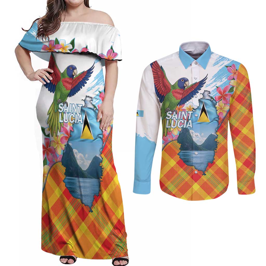 Saint Lucia Independence Day Couples Matching Off Shoulder Maxi Dress and Long Sleeve Button Shirt Saint Lucian Map Pitons Madras Pattern