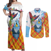 Saint Lucia Independence Day Couples Matching Off Shoulder Maxi Dress and Long Sleeve Button Shirt Saint Lucian Map Pitons Madras Pattern