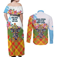 Saint Lucia Independence Day Couples Matching Off Shoulder Maxi Dress and Long Sleeve Button Shirt Saint Lucian Map Pitons Madras Pattern