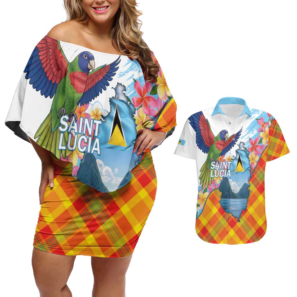 Saint Lucia Independence Day Couples Matching Off Shoulder Short Dress and Hawaiian Shirt Saint Lucian Map Pitons Madras Pattern