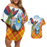 Saint Lucia Independence Day Couples Matching Off Shoulder Short Dress and Hawaiian Shirt Saint Lucian Map Pitons Madras Pattern
