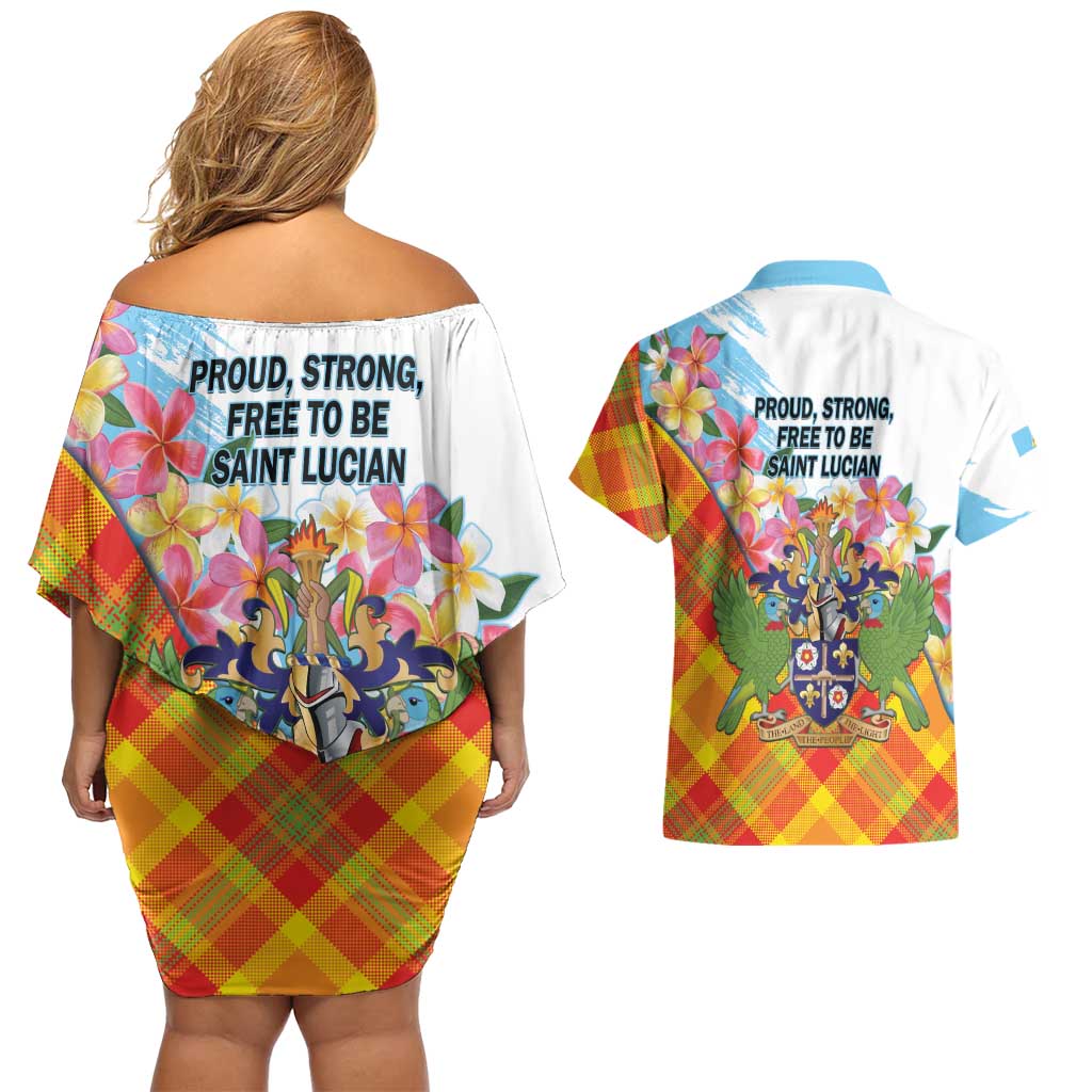 Saint Lucia Independence Day Couples Matching Off Shoulder Short Dress and Hawaiian Shirt Saint Lucian Map Pitons Madras Pattern