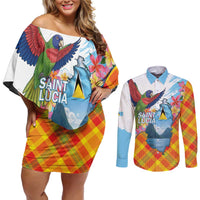 Saint Lucia Independence Day Couples Matching Off Shoulder Short Dress and Long Sleeve Button Shirt Saint Lucian Map Pitons Madras Pattern