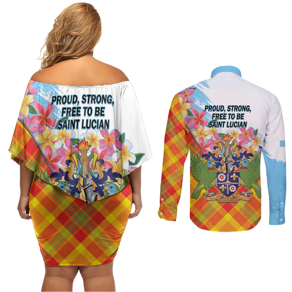 Saint Lucia Independence Day Couples Matching Off Shoulder Short Dress and Long Sleeve Button Shirt Saint Lucian Map Pitons Madras Pattern