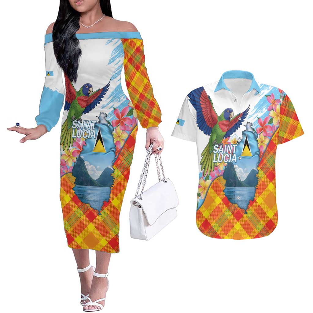 Saint Lucia Independence Day Couples Matching Off The Shoulder Long Sleeve Dress and Hawaiian Shirt Saint Lucian Map Pitons Madras Pattern