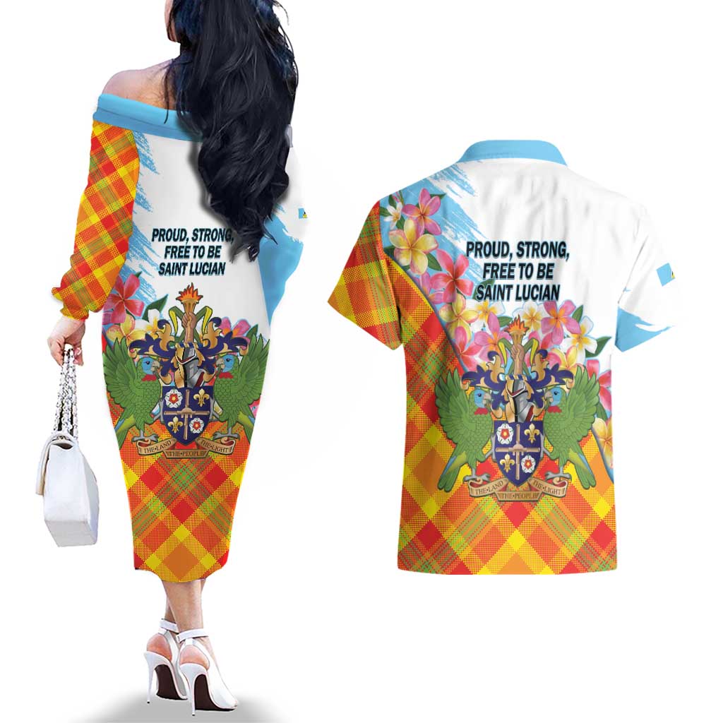 Saint Lucia Independence Day Couples Matching Off The Shoulder Long Sleeve Dress and Hawaiian Shirt Saint Lucian Map Pitons Madras Pattern