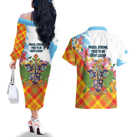 Saint Lucia Independence Day Couples Matching Off The Shoulder Long Sleeve Dress and Hawaiian Shirt Saint Lucian Map Pitons Madras Pattern