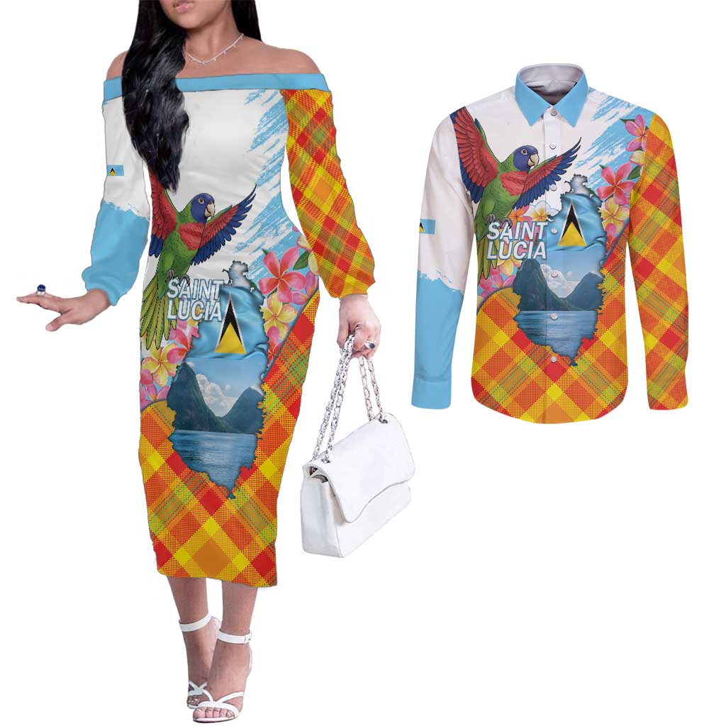 Saint Lucia Independence Day Couples Matching Off The Shoulder Long Sleeve Dress and Long Sleeve Button Shirt Saint Lucian Map Pitons Madras Pattern