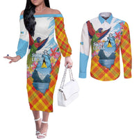 Saint Lucia Independence Day Couples Matching Off The Shoulder Long Sleeve Dress and Long Sleeve Button Shirt Saint Lucian Map Pitons Madras Pattern