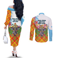 Saint Lucia Independence Day Couples Matching Off The Shoulder Long Sleeve Dress and Long Sleeve Button Shirt Saint Lucian Map Pitons Madras Pattern