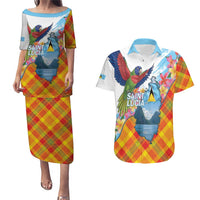 Saint Lucia Independence Day Couples Matching Puletasi and Hawaiian Shirt Saint Lucian Map Pitons Madras Pattern