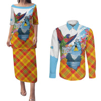 Saint Lucia Independence Day Couples Matching Puletasi and Long Sleeve Button Shirt Saint Lucian Map Pitons Madras Pattern