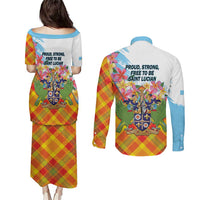 Saint Lucia Independence Day Couples Matching Puletasi and Long Sleeve Button Shirt Saint Lucian Map Pitons Madras Pattern