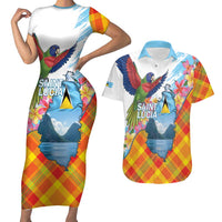 Saint Lucia Independence Day Couples Matching Short Sleeve Bodycon Dress and Hawaiian Shirt Saint Lucian Map Pitons Madras Pattern