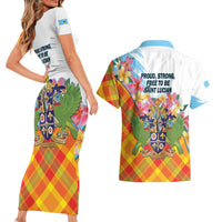 Saint Lucia Independence Day Couples Matching Short Sleeve Bodycon Dress and Hawaiian Shirt Saint Lucian Map Pitons Madras Pattern