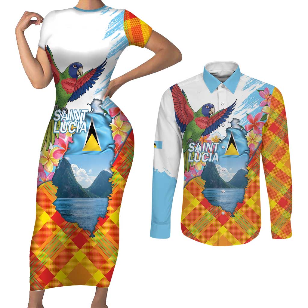 Saint Lucia Independence Day Couples Matching Short Sleeve Bodycon Dress and Long Sleeve Button Shirt Saint Lucian Map Pitons Madras Pattern