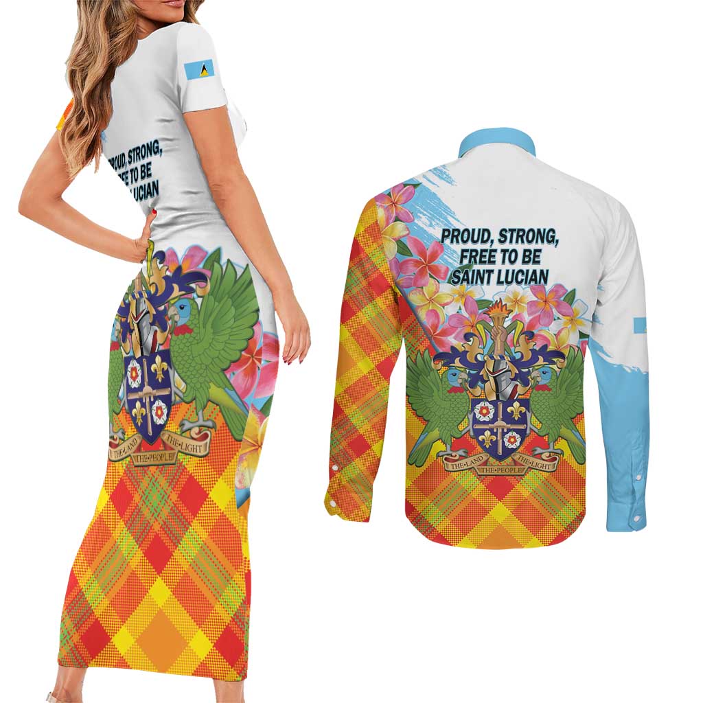 Saint Lucia Independence Day Couples Matching Short Sleeve Bodycon Dress and Long Sleeve Button Shirt Saint Lucian Map Pitons Madras Pattern